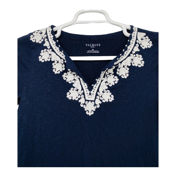 TALBOTS - WOMEN'S BLUE & WHITE 3/4 SLEEVE EMBROIDERED KNIT T-SHIRT TOP - Size S - Picture 11 of 12